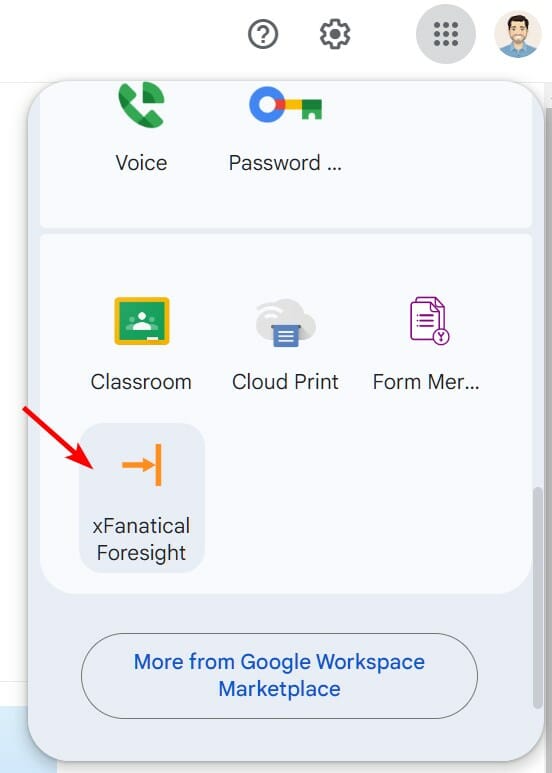 xFanatical Foresight installed on a Google account's application launcher menu