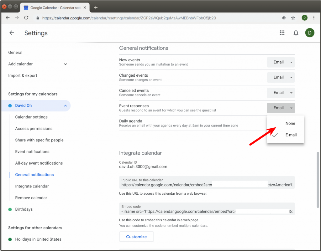 edit event response notifications to none or email in the settings of google calendar