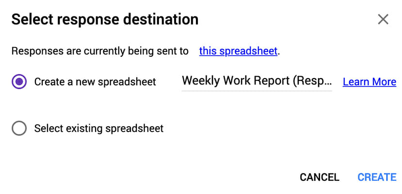 A dialog shows select response destination, a spreadsheet, for the forms