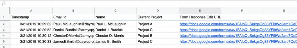 this image shows you a final result sample after adding form response edit urls to the spreadsheet. The links are automatically added in a spreadsheet column.