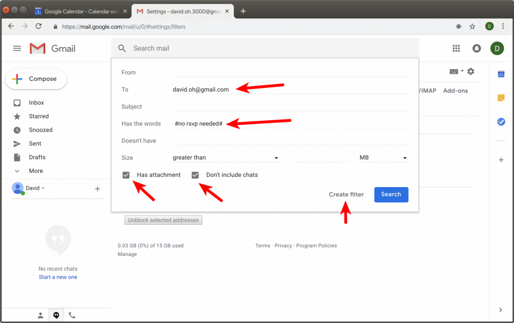 the image tells you how to create a specific filter in gmail to turn off calendar rsvp notifications