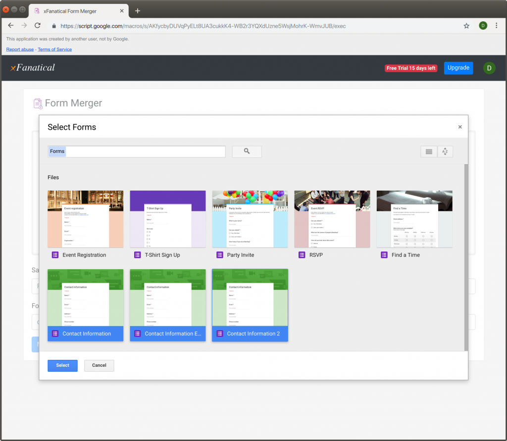 Form Merger opens up a dialog to allow you select multiple forms