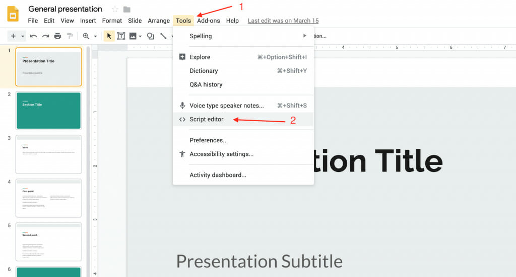 the tools script editor menu in google slides
