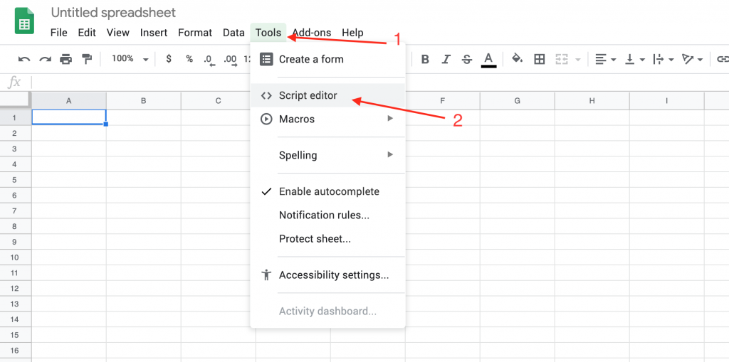 the tools script editor menu in google sheets