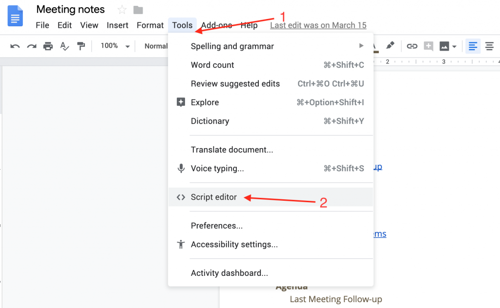the tools script editor menu in google doc