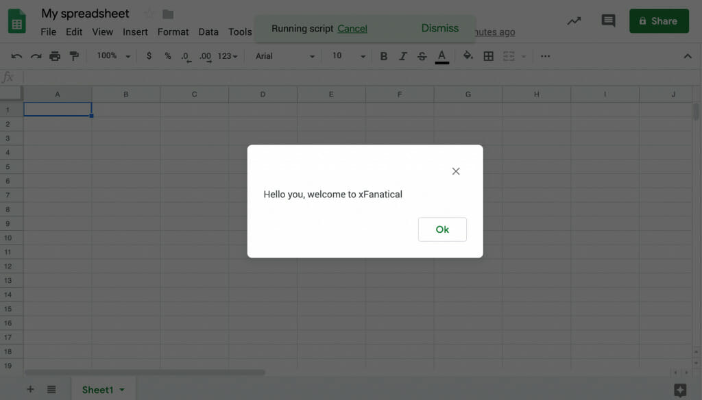 a dialog pops up in the google sheets by running the apps script