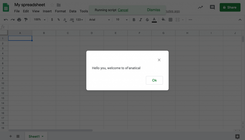 a dialog pops up in the google sheets by running the apps script