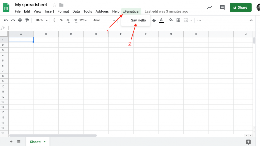 a custom menu is created by xfanatical in google sheets