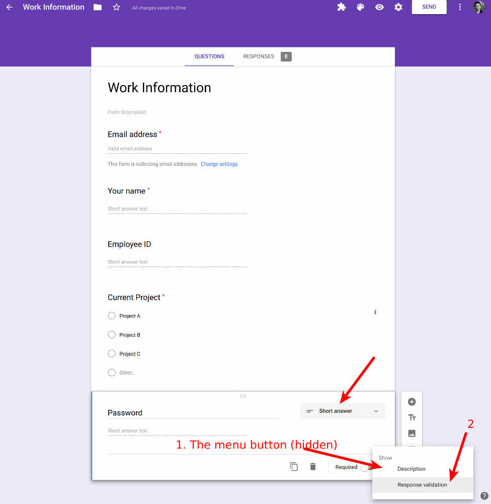 Add a password short text question with response validation