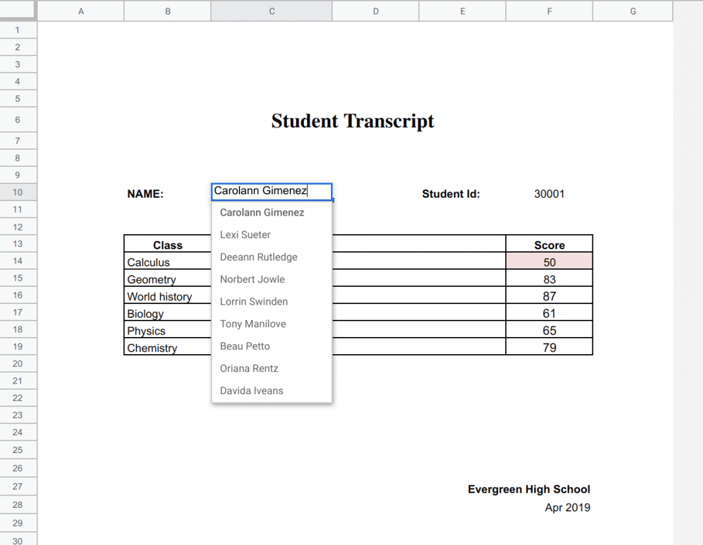 Student transcript template with a drop down list to select student names