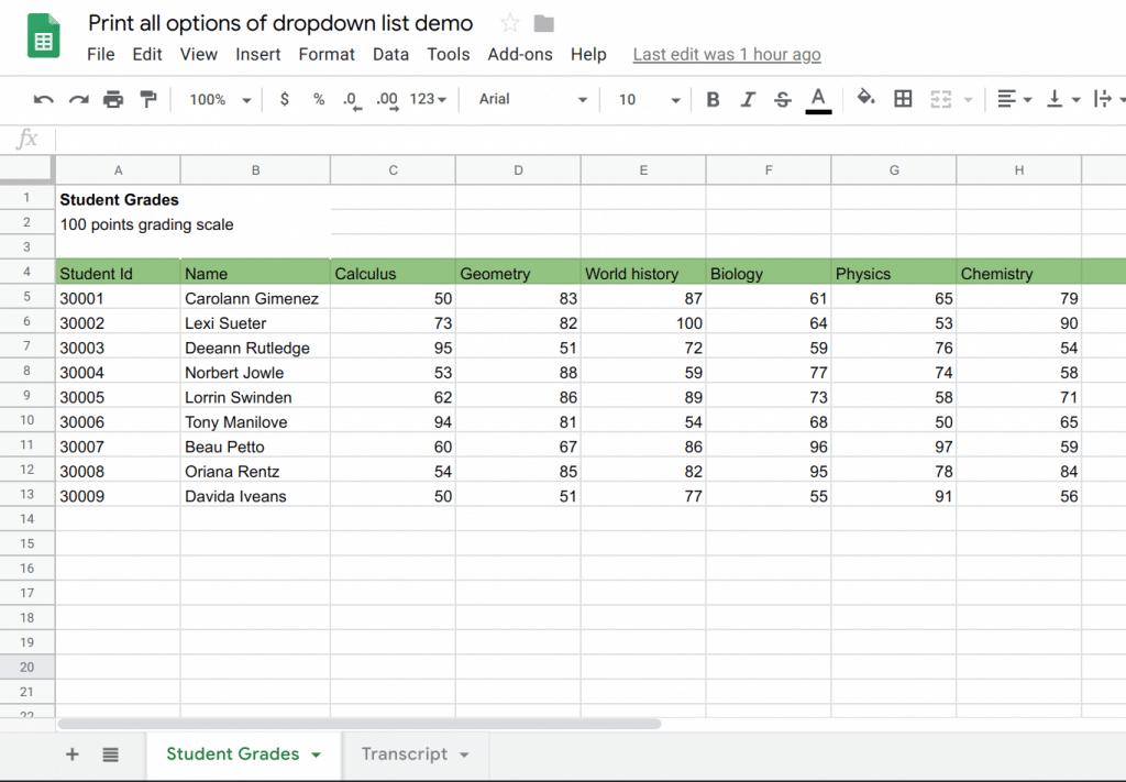 Student grades sheet provides data for the transcript template sheet