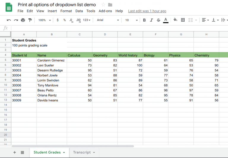 Print All Options in Drop-Down List in Google Sheets