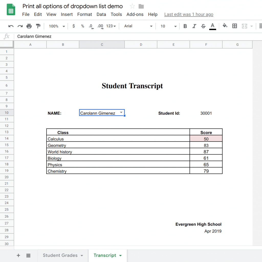 The transcript template sheet with the drop down list is the one to expand and print