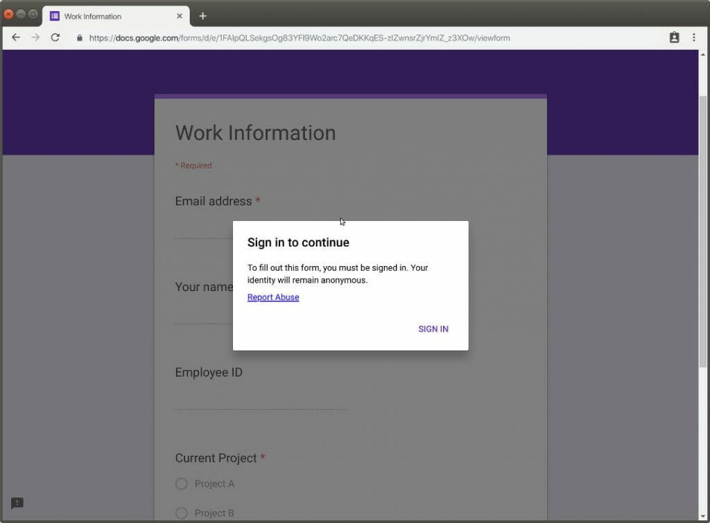 when a respondent opens a form, a Google Account sign in dialog pops up to demand signing in before filling the form
