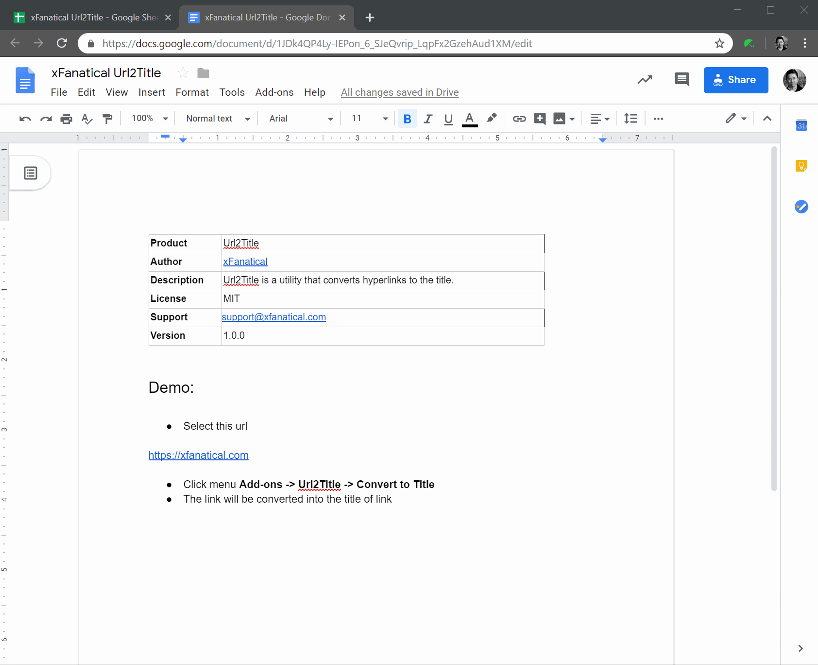 Demonstration of getting the page title to a link in google docs using url2title