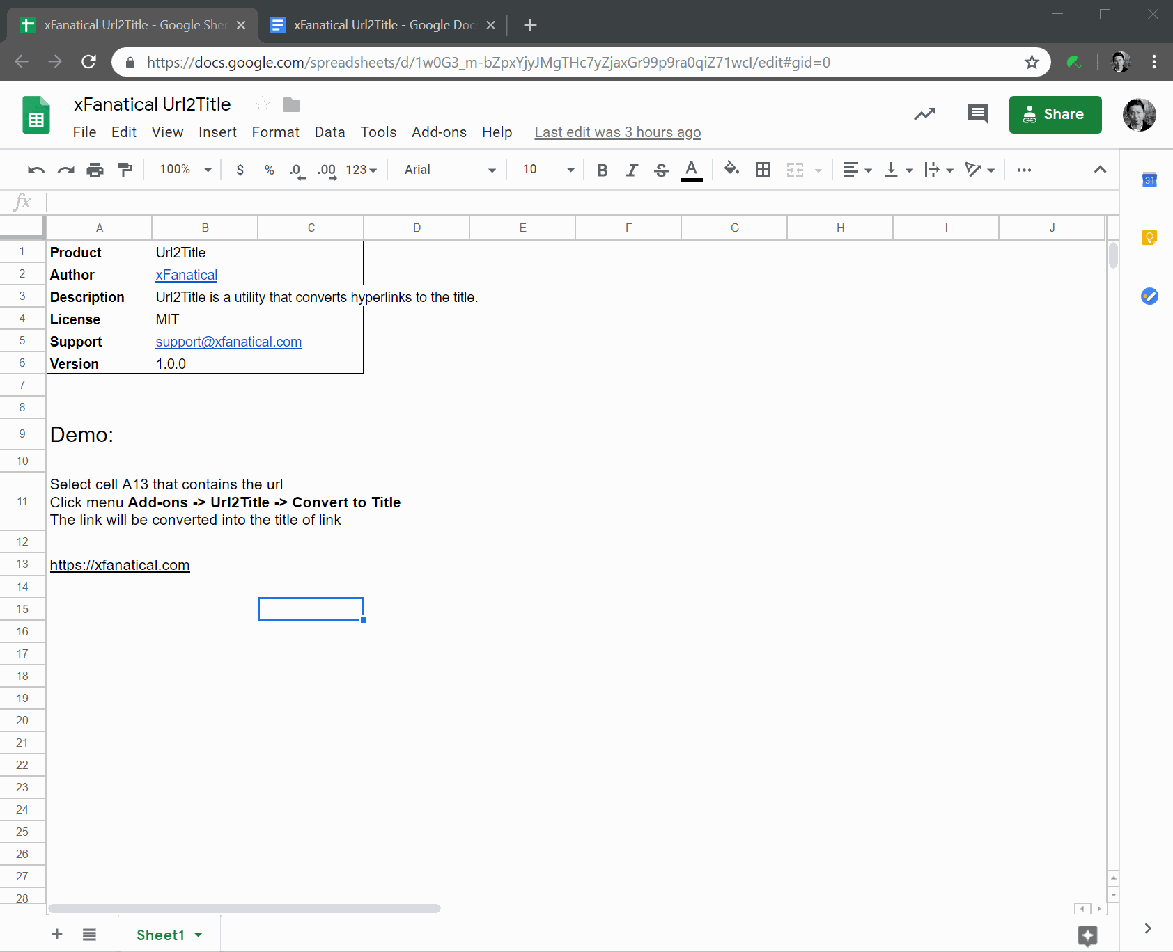 Demonstration of getting the page title to a link in google sheets using url2title