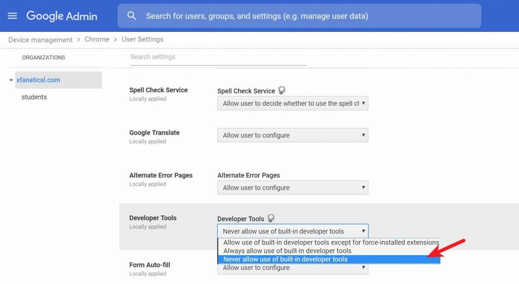 Disallow developer tools in Admin console