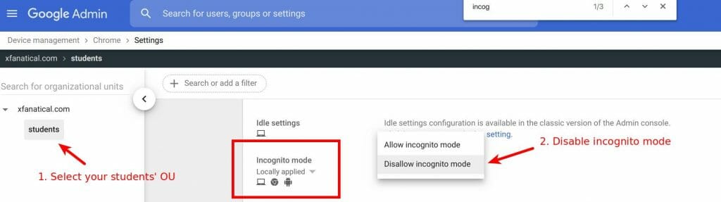 Disable incognito mode in Chrome settings