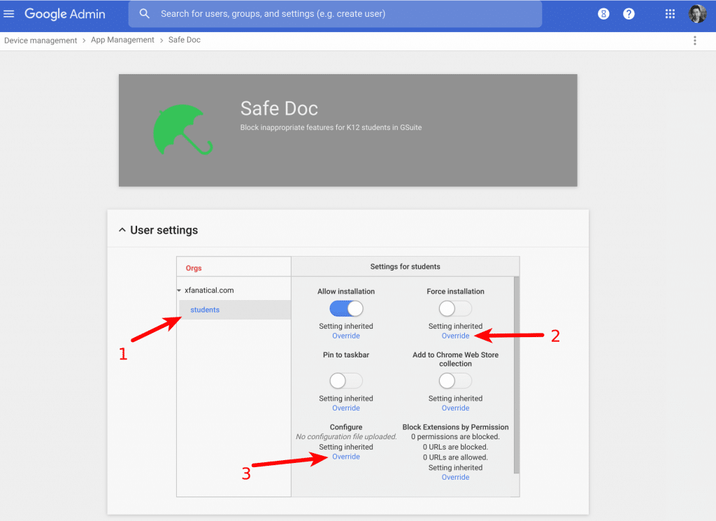 Override settings of Safe Doc for students OU only