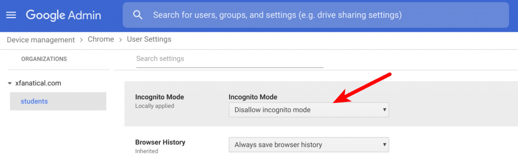 Disallow Incognito mode in Admin Console