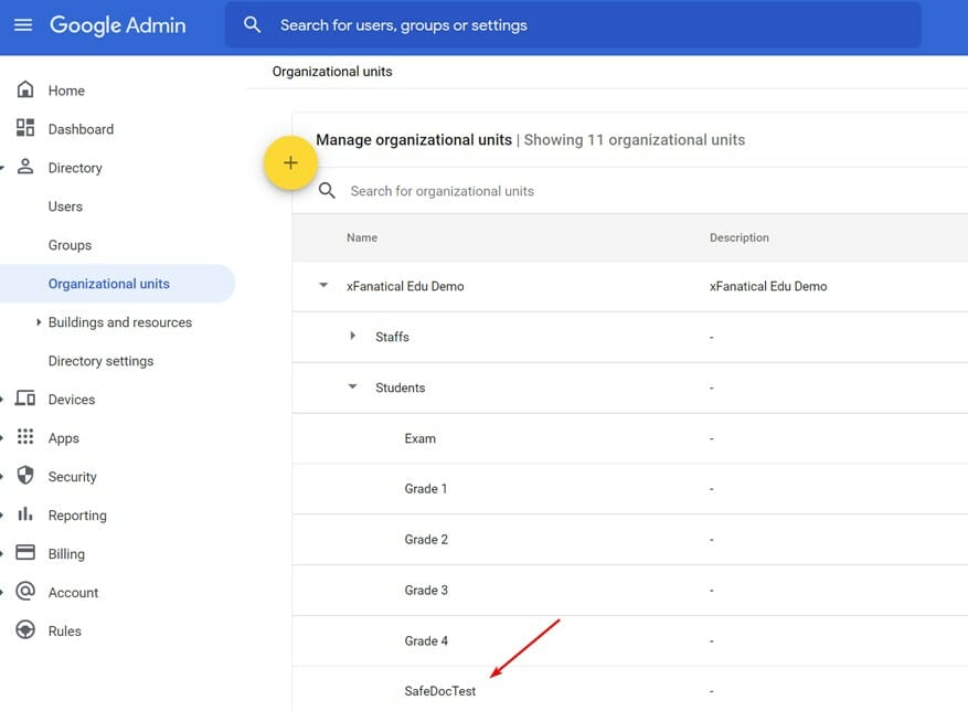 Create a test Organization Unit (OU) in Admin Console (Directory > Organizational units)