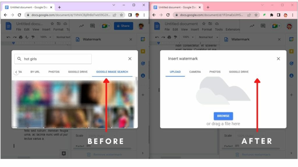 Block image searching in Google Docs. | Blocking image via Watermark from Insert Menu | Safe Docs by xFanatical