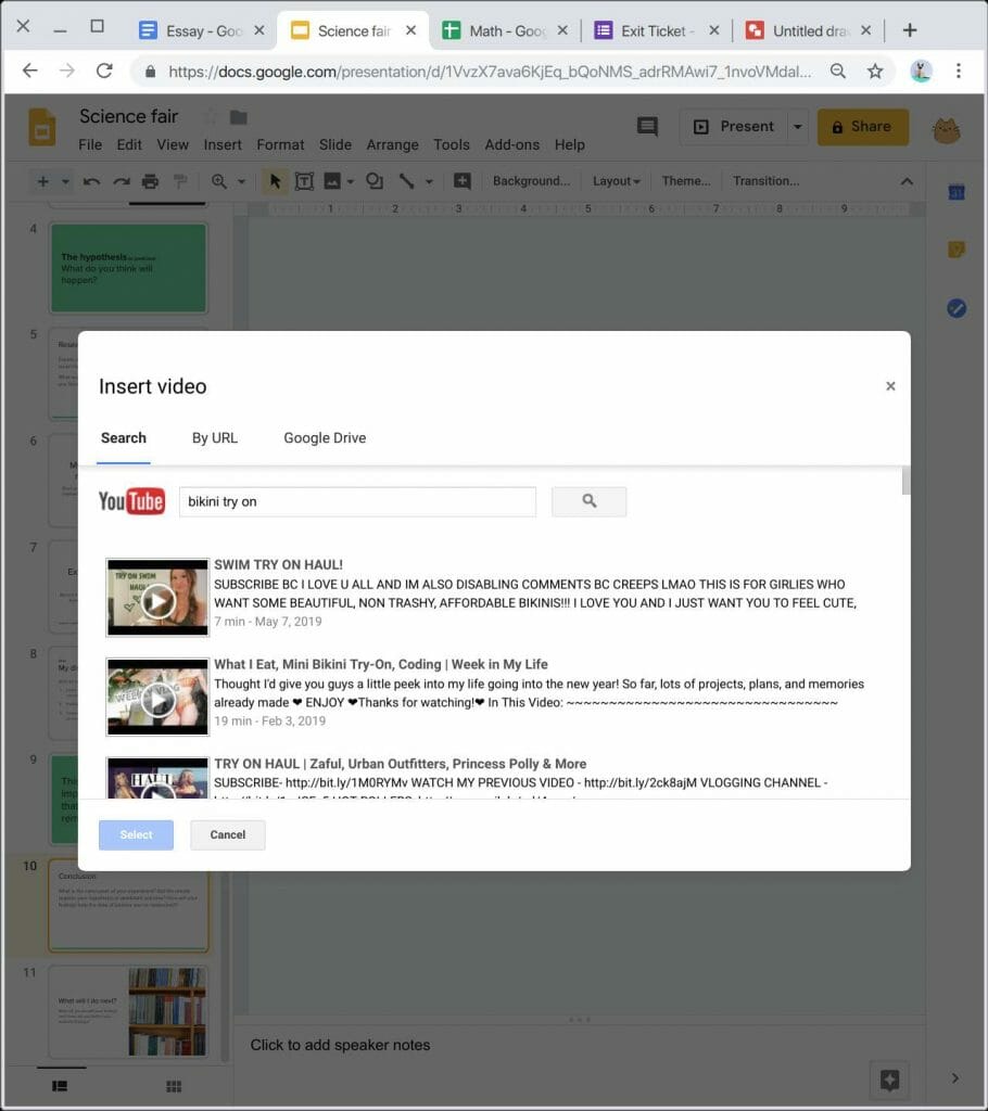 Youtube video search in Google Slides exposes students to inappropriate video contents by any keywords