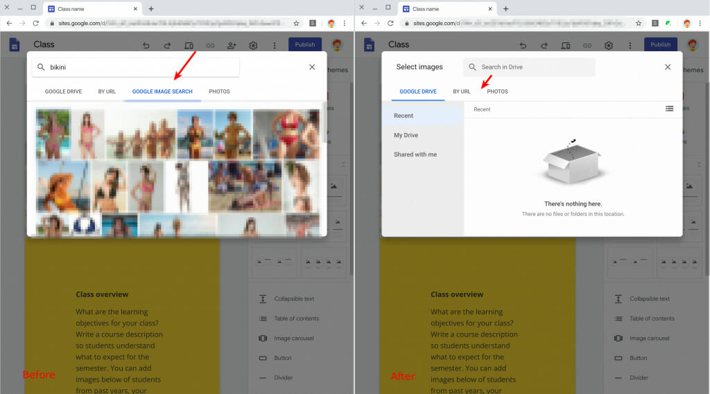 Safe Doc blocks image searching in Google Sites editor