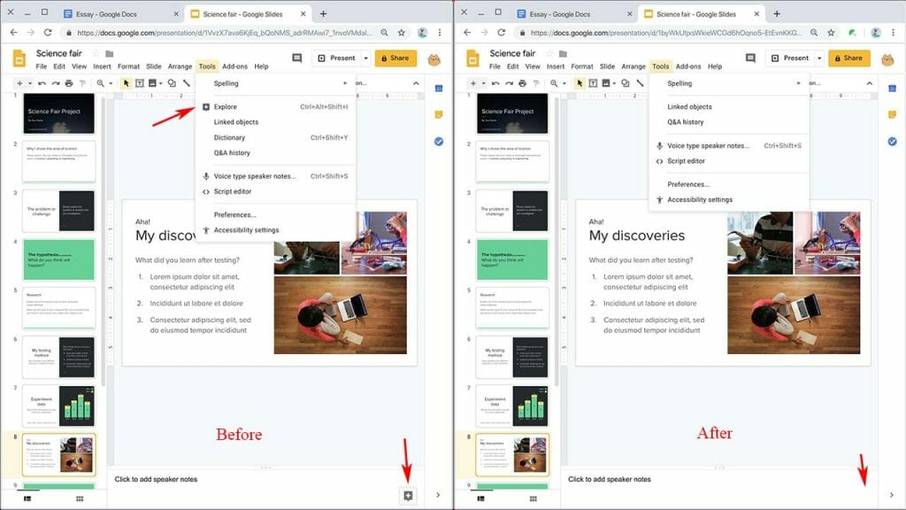 Safe Doc removes the Explore menu item and the widget in Google Slides