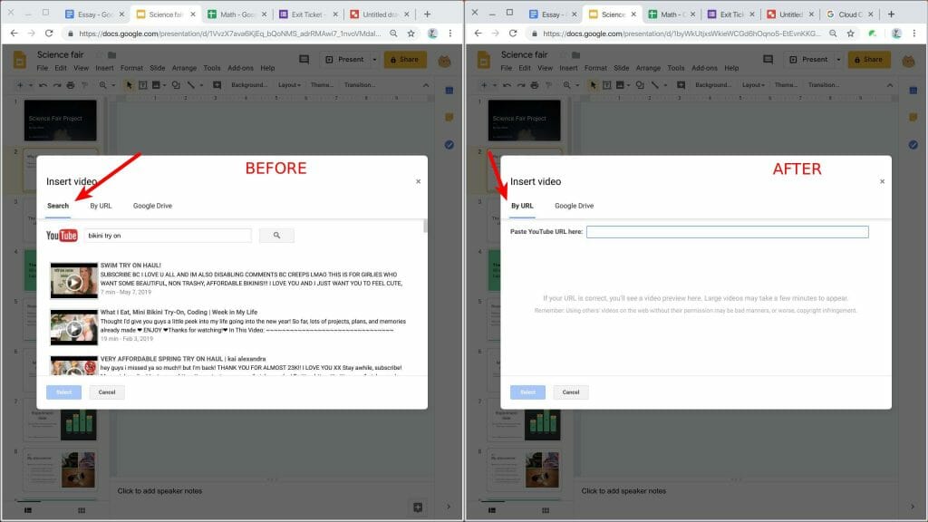 Safe Doc blocks the Youtube video search feature in Google Slides