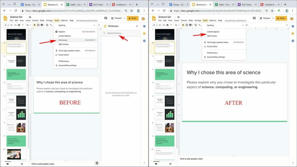 Safe Doc disables the Dictionary feature from the menu bar in Slides | disable dictionary google docs