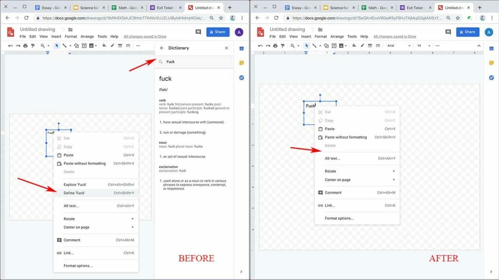 Safe Doc disables the Dictionary feature from a context menu in Drawings | disable dictionary google docs