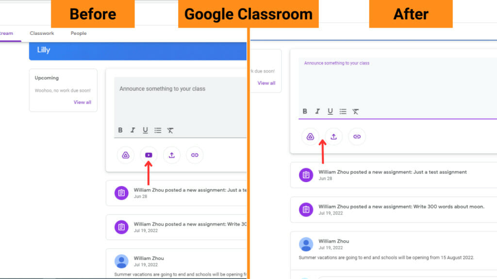 Students can insert Youtube videos in the Google Classroom