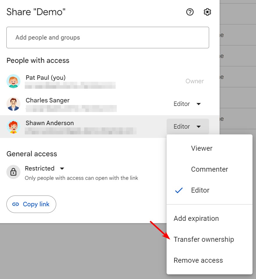 Transfer ownership menu item in Google Drive share dialog