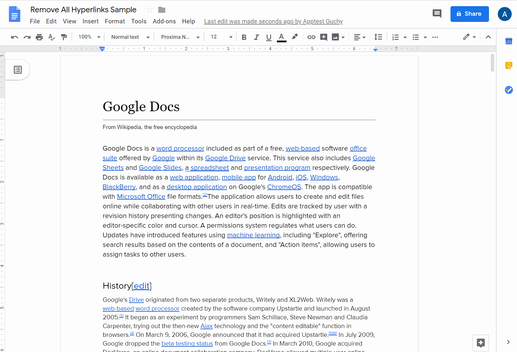 Remove all hyperlinks in Docs with the Apps script below