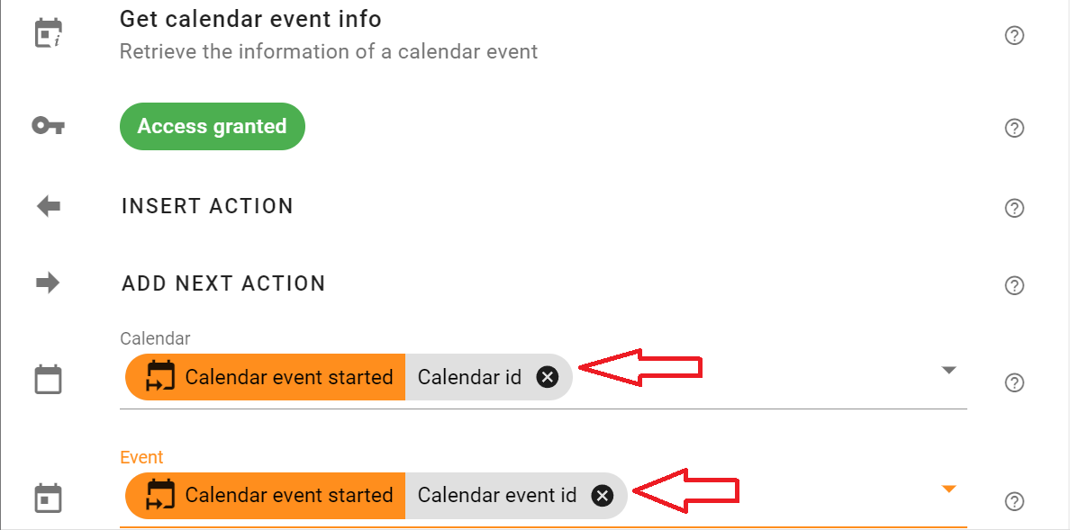 In the Edit actions screen, select Calendar id in the Calendar field and Calendar event id in the Event field