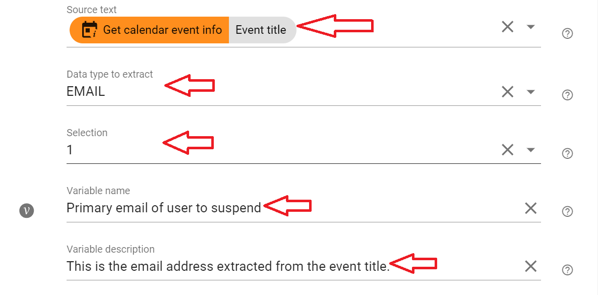 In the Source text field, select the Event title variable, select EMAIL in the Data type to extract