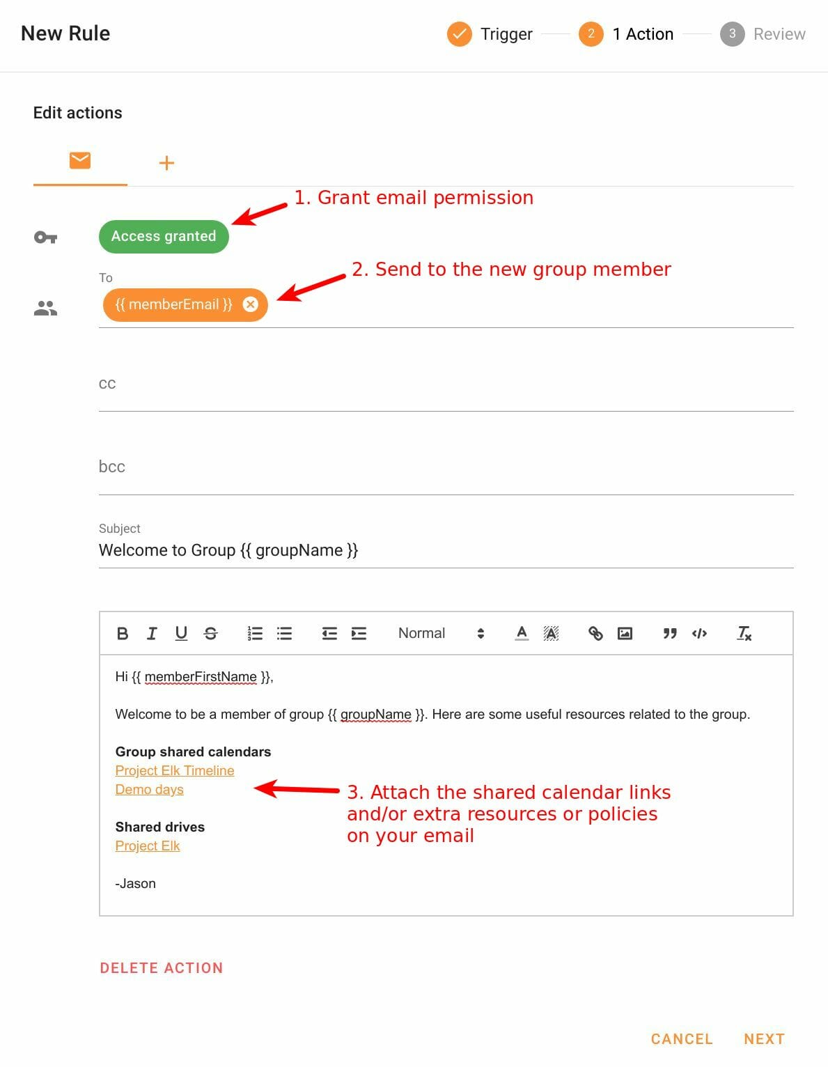 Email action in Foresight