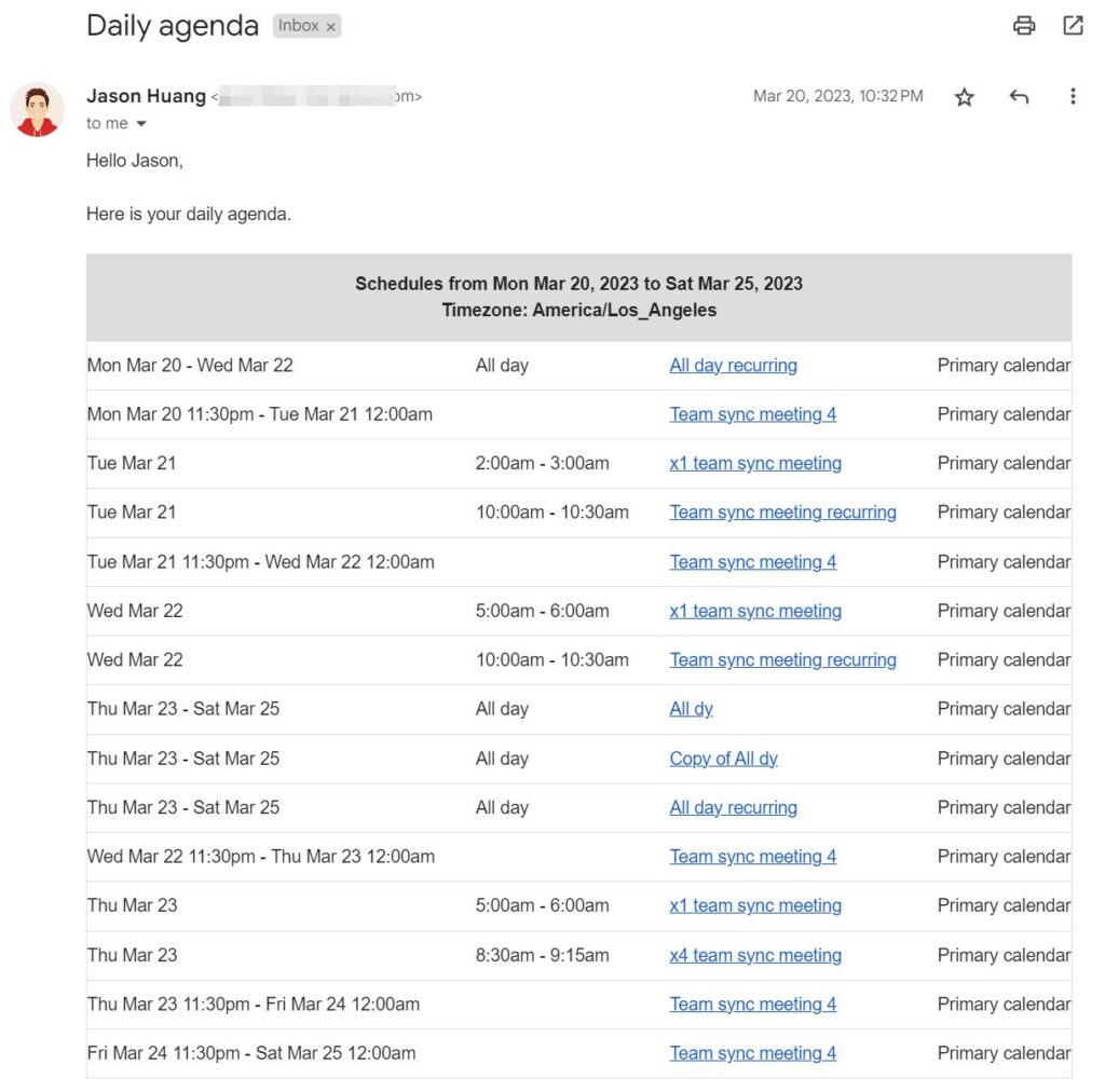 Automated daily agenda email sent from xFanatical Foresight