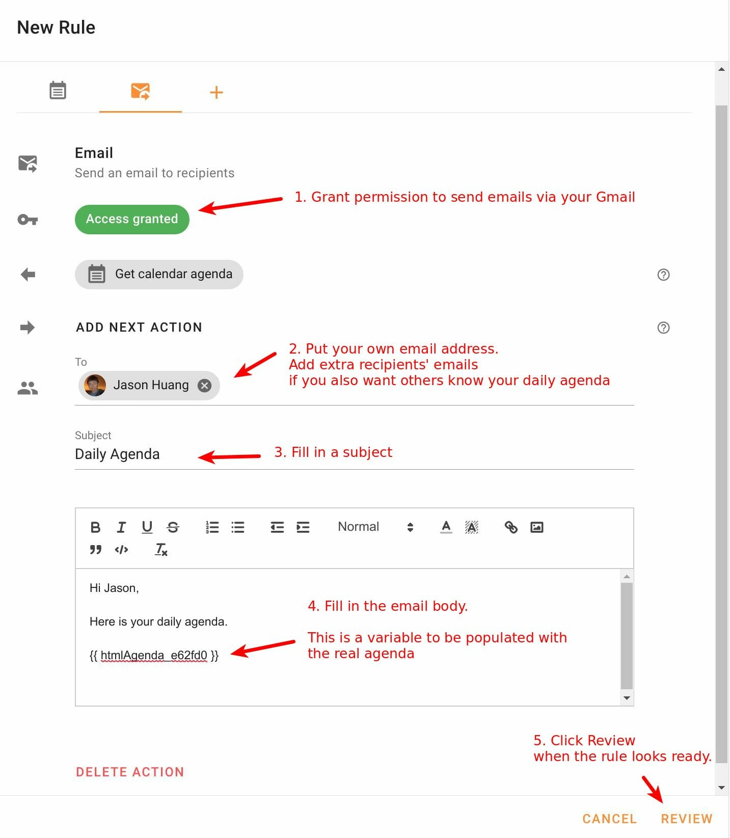 Configure Email action for daily agenda in Foresight