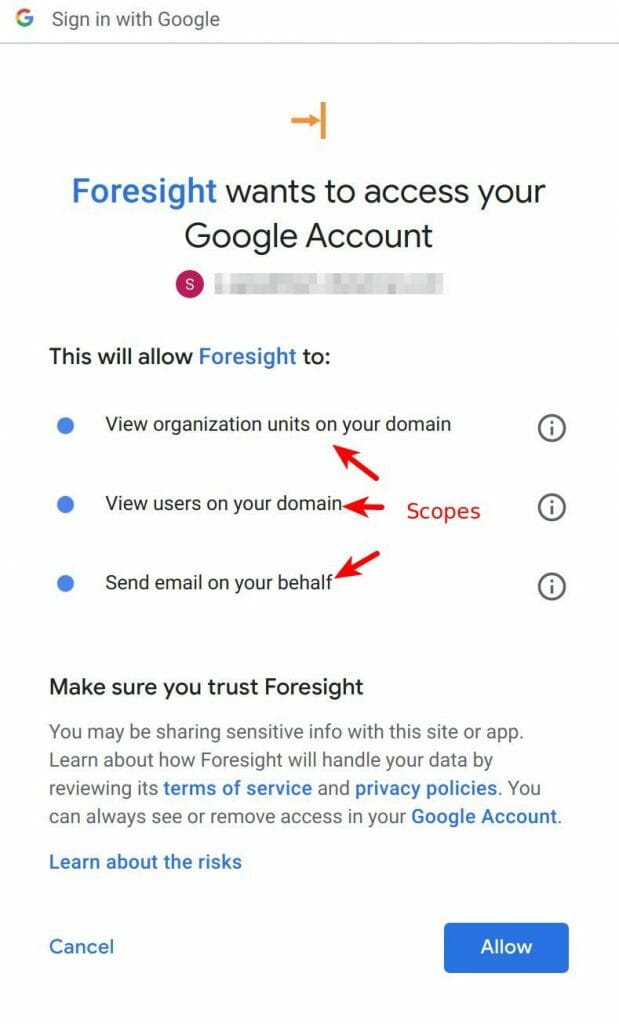 Google's scope consent screen for Foresight