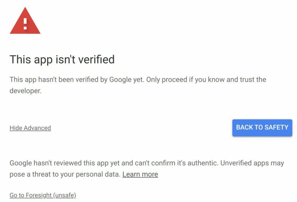 Unverified app alert screen