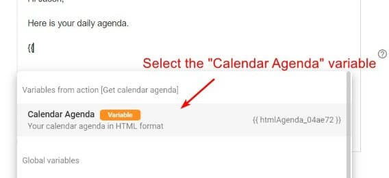 insert the calendar agenda variable in Email action in Foresight
