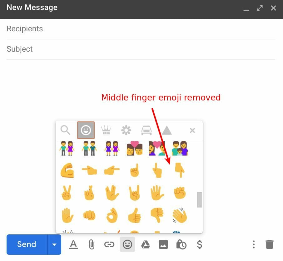 Middle finger emoji removed from Gmail
