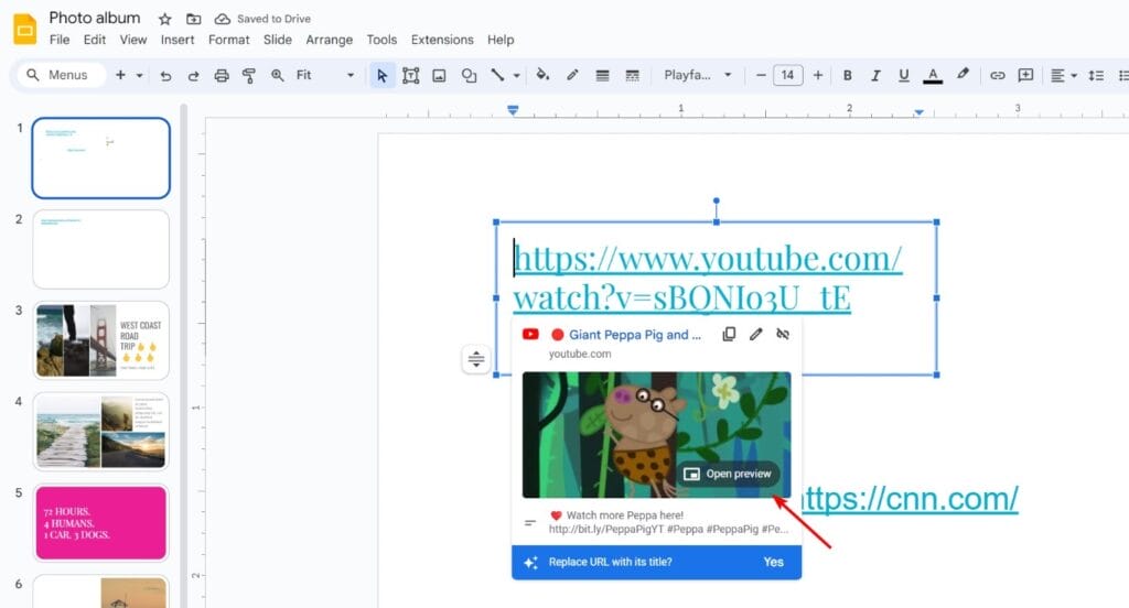 Youtube Link preview popup in Google Slides when a youtube link is pasted to a Slide. 
