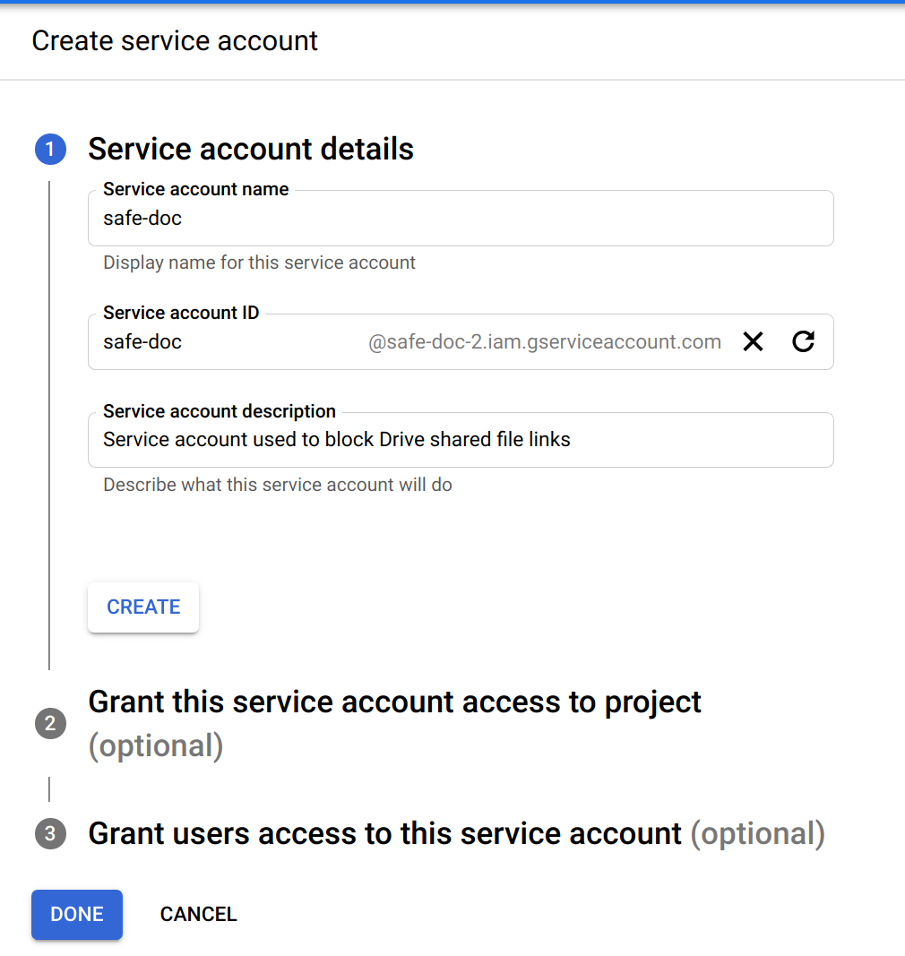 Create service account details