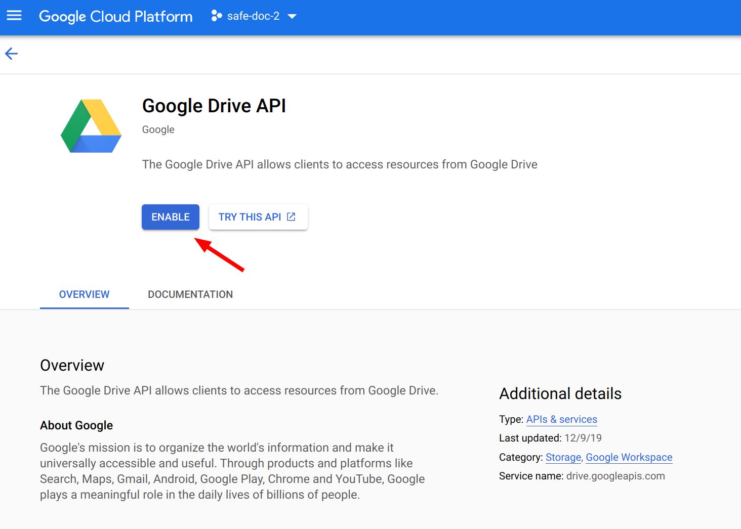 Enable Google Drive API in GCP