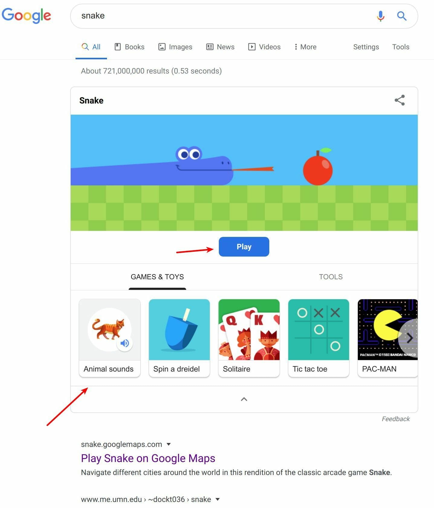 Free mini games like snake in Google search results