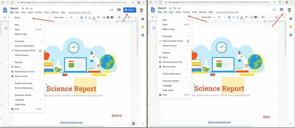Remove Share menus and buttons in Google Docs