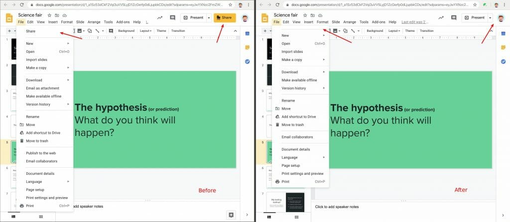 Remove the Share buttons and menus in Google Slides